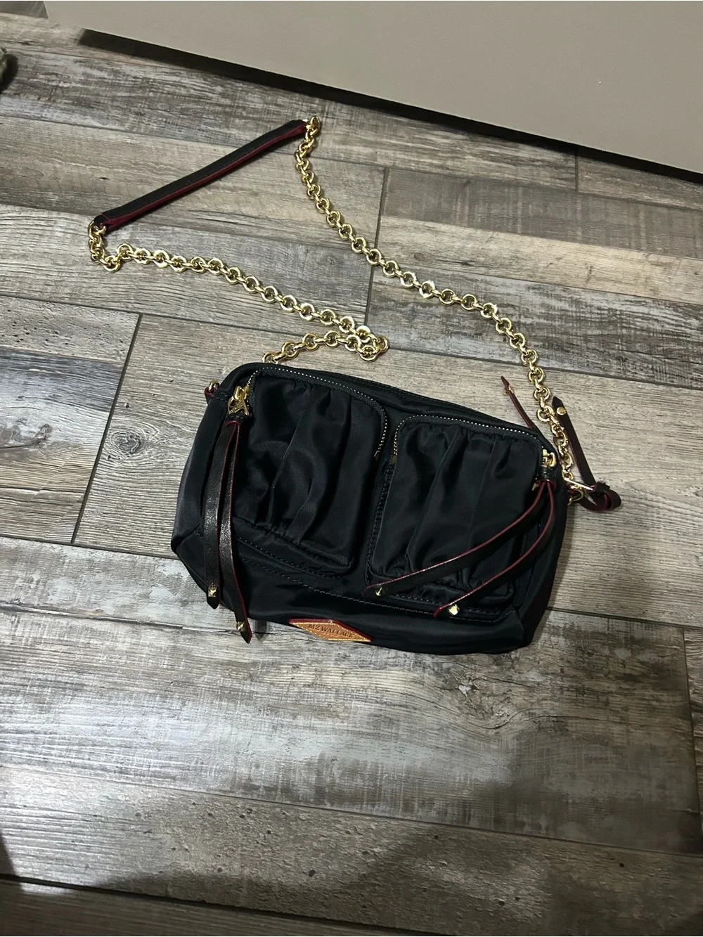 MZ Wallace Penny Bedford Crossbody Black red Nylon Gold Chain Bag